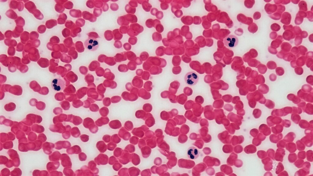 Photomicrograph of a blood smear showing red blood cells and neutrophils - OCR A Level Biology revision