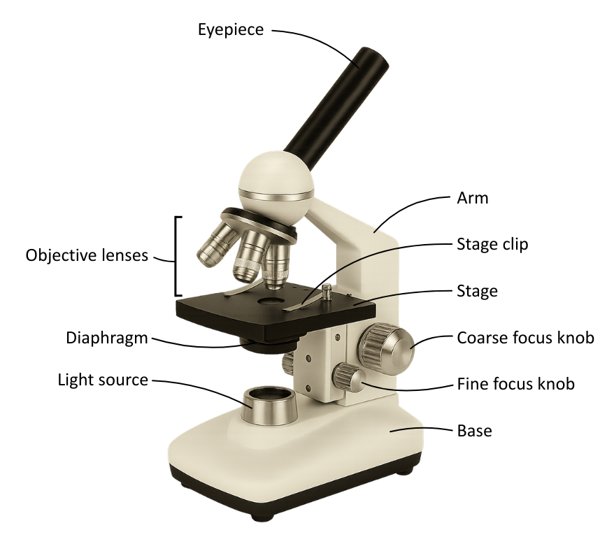 Labelled diagram of the parts of an optical microscope for free OCR A Level Biology Microscopy Calculations revision notes