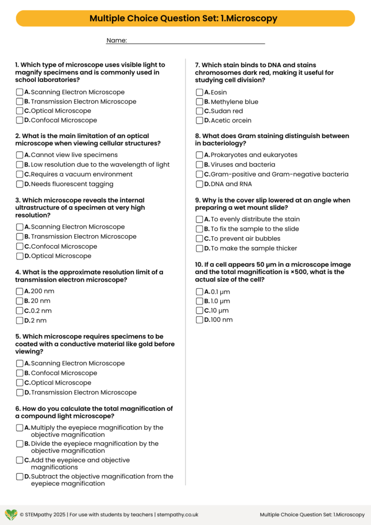 ocr a level biology year 1 free teacher mcqs set